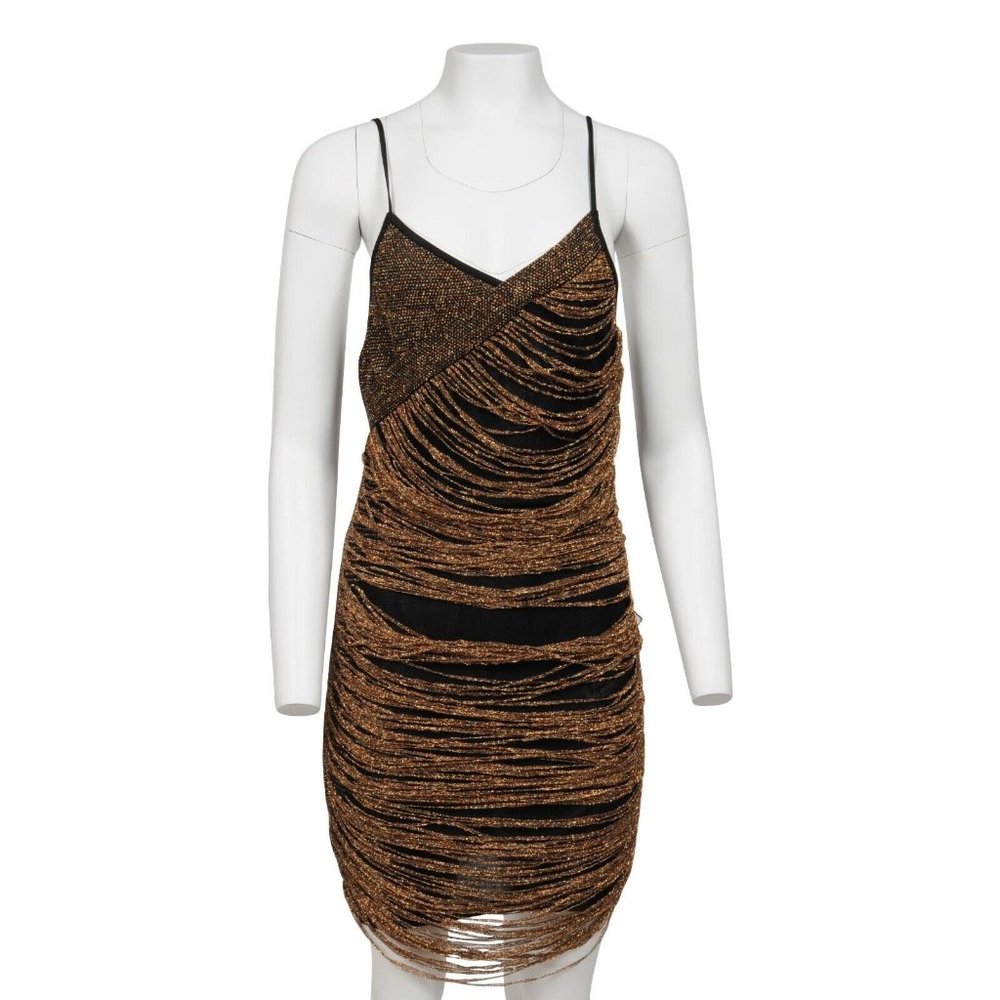 Balmain Runway Mini Dress 40 Black Shinny Glitter Gold Fringe Viscose Blend